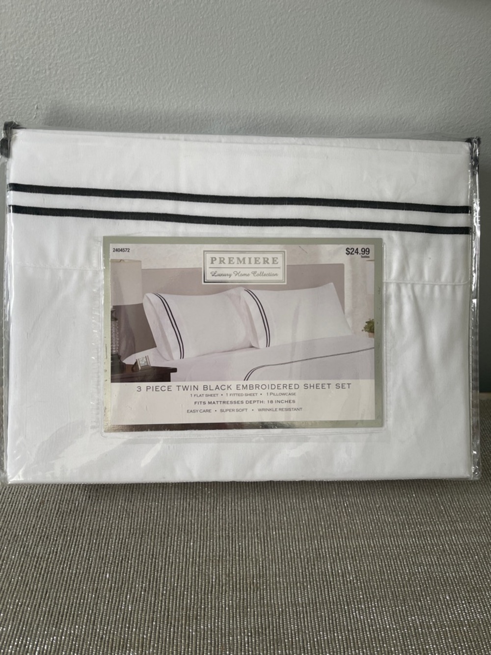 Premier White Twin Sheet Set with Black Embroidered Stripes